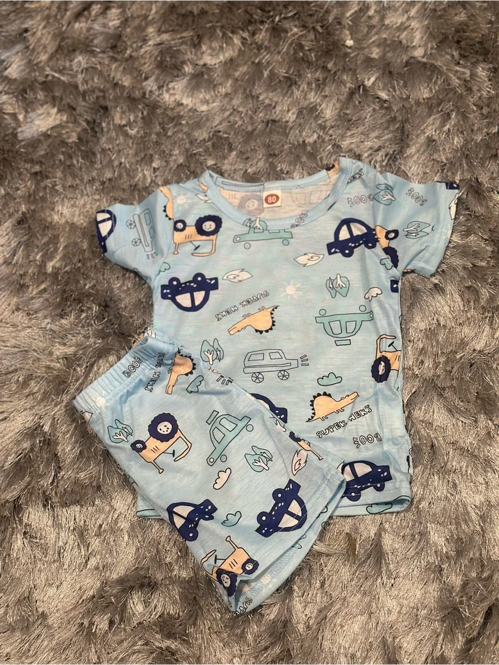 Light Blue Kids Pajama Set with Vehicle Print